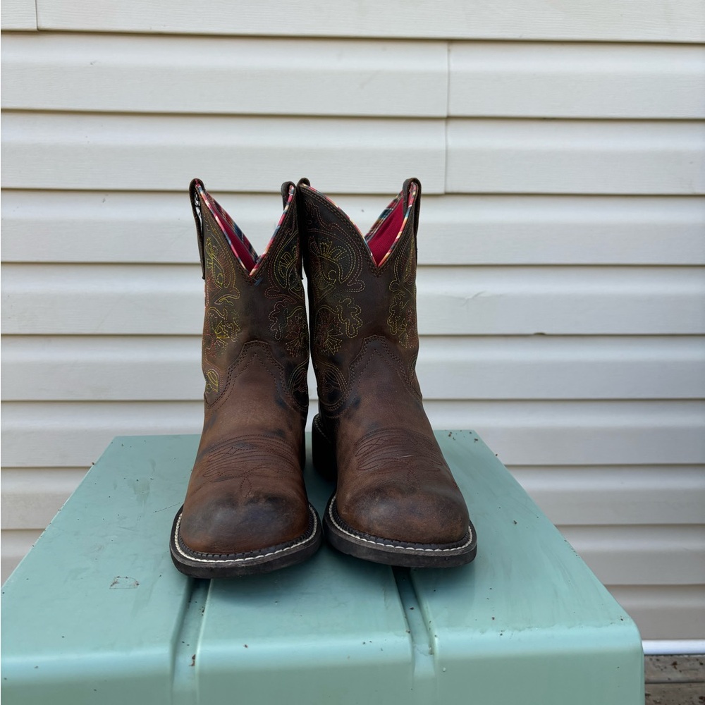 Ariat Brown Leather Boots with Pink Interior and Multicolor Trim